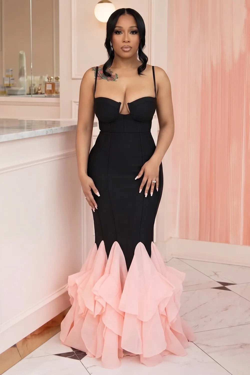 Spaghetti Strap Colorblock Ruffle Mermaid Maxi Dresses-Black [Pre Order]