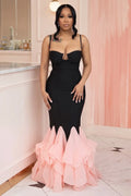 Spaghetti Strap Colorblock Ruffle Mermaid Maxi Dresses-Black [Pre Order]