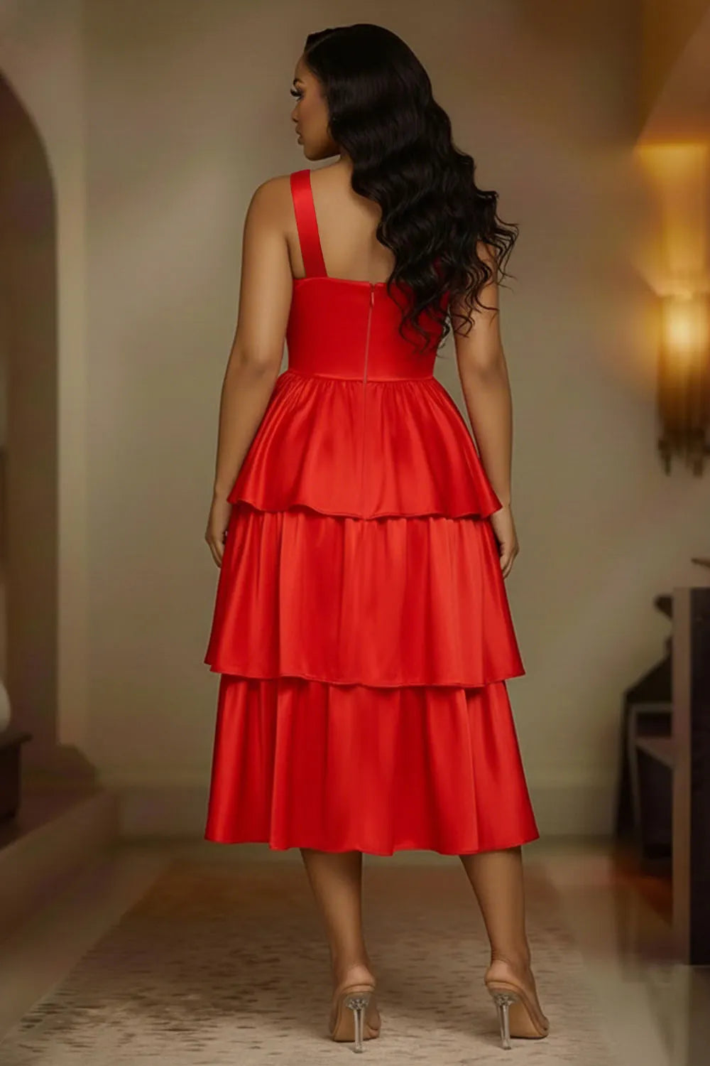 One Shoulder Cinch Waist Layered Ruffles Party Midi Dresses-Red