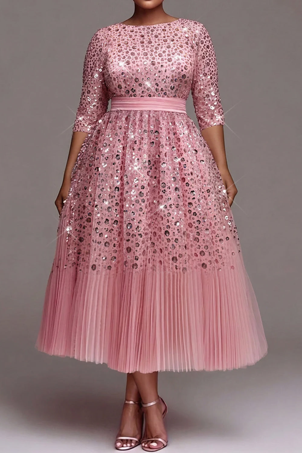Tulle Pink Round Neck 3/4 Sleeve Pleated Sequin Midi Dresses