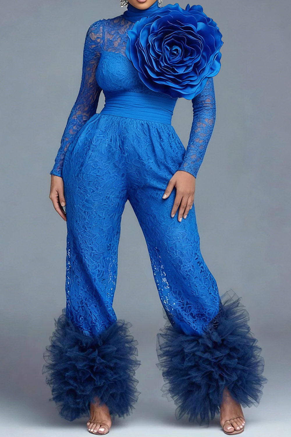 Blue High Collar Long Sleeve 3D Elegant Pocket Lace Jumpsuits