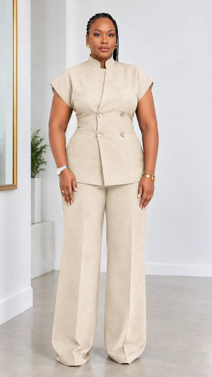 Women's Stand Collar Short Sleeve Double-Breasted Top and Wide-Leg Pants Two-Piece Suit Set