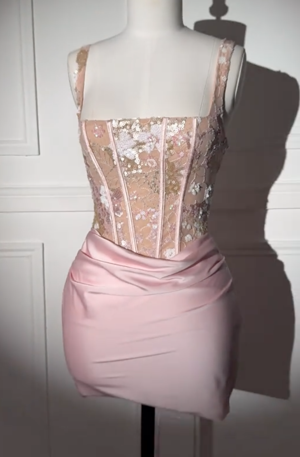 Pink Floral Sequin Corset Mini Dress with Satin Ruched Skirt & Lace-Up Back