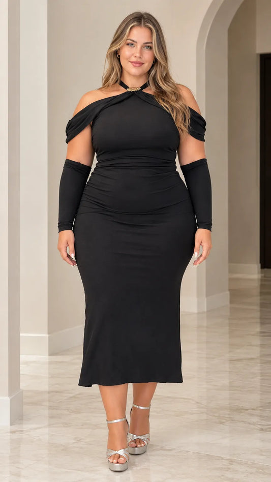 Halter Neck Cold Shoulder Ruched Bodycon Midi Dress with Matching Sleeves