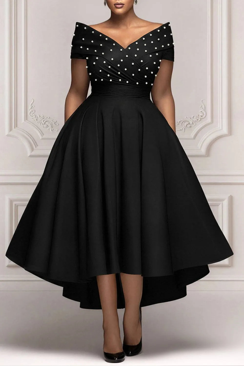 Black Wrap Neck Short Sleeve Asymmetric Hem Irregular Hem Pearls Satin Midi Dresses