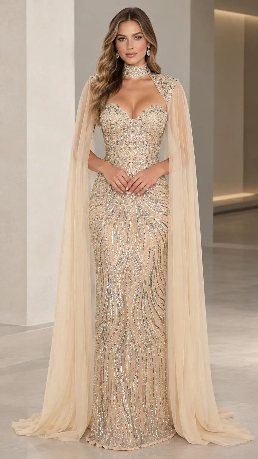 Sequined Sweetheart Evening Gown with Sheer Floor-Length Cape