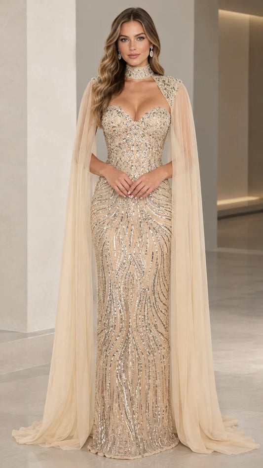Sequined Sweetheart Evening Gown with Sheer Floor-Length Cape