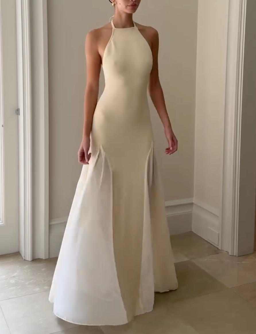 White Halter Neck Maxi Dress with Open Back & Flowy Chiffon Panels