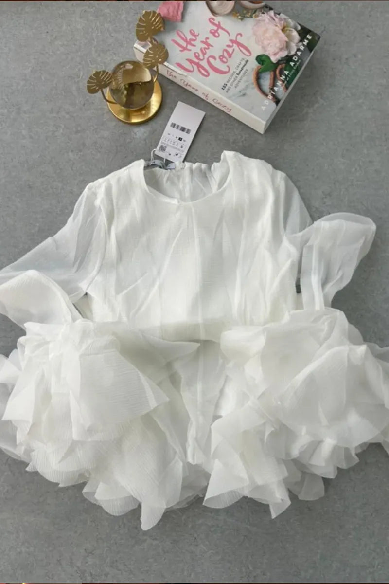 Women Round Neck Sheer Flare Long Sleeve Ruffle Hem White Mini Dress