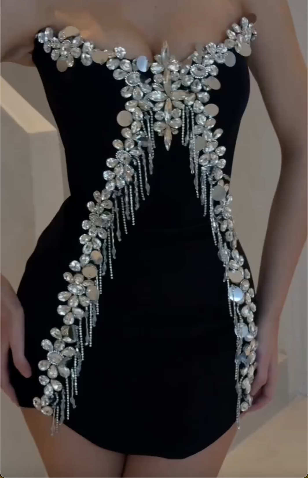 Black Beaded Strapless Mini Dress with Fringe Trim & Crystal Embellishments