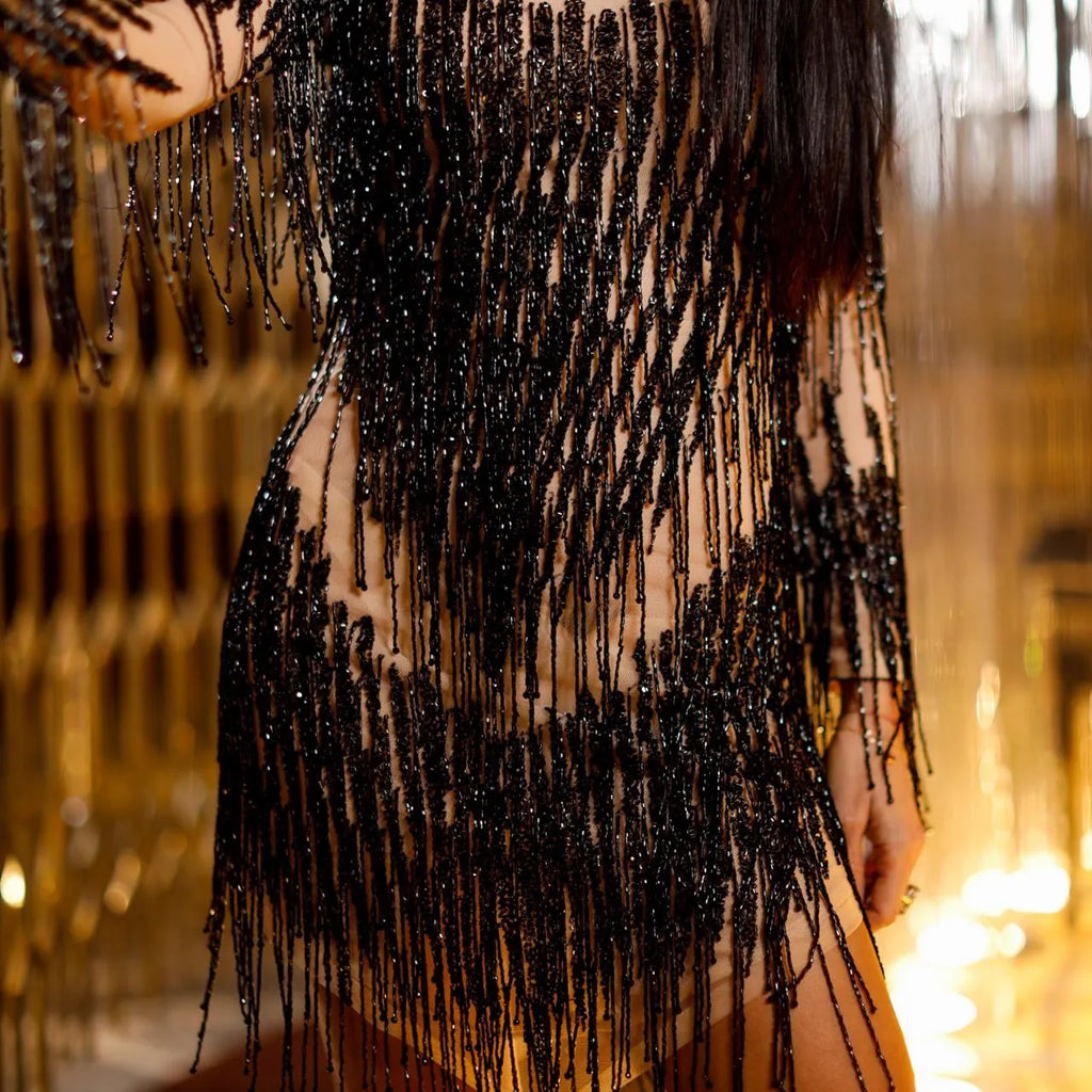 Long Sleeve Sheer Mesh Black Sequin Fringe Bodycon Party Mini Dress