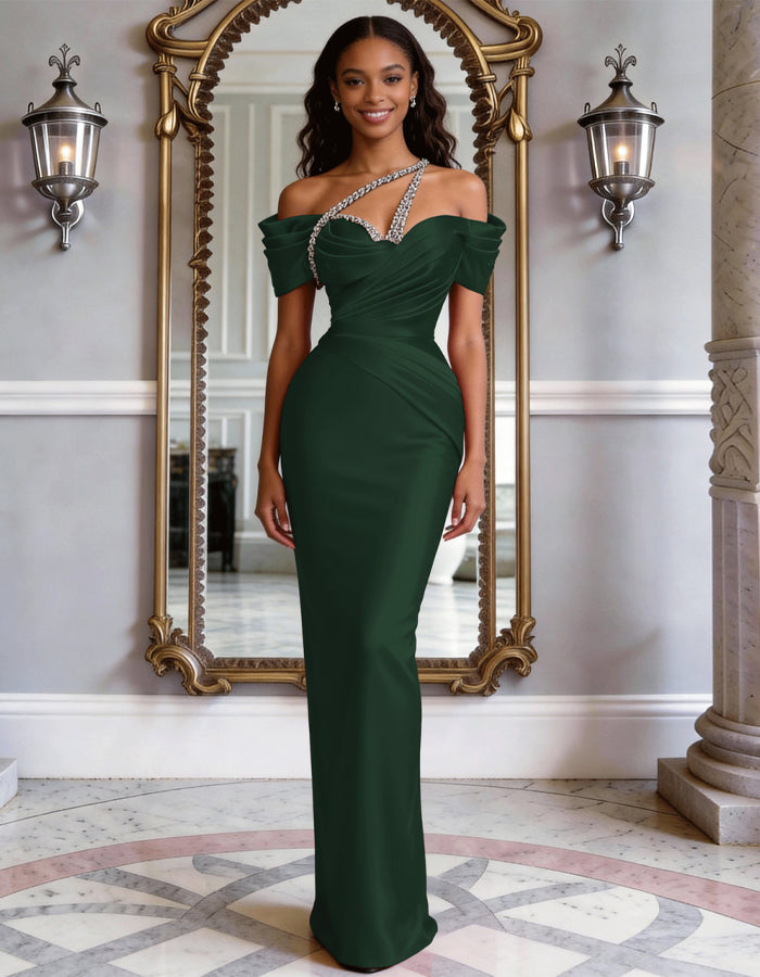 Solid Color Satin Off Shoulder Rhinestone Fishtail Maxi Dress