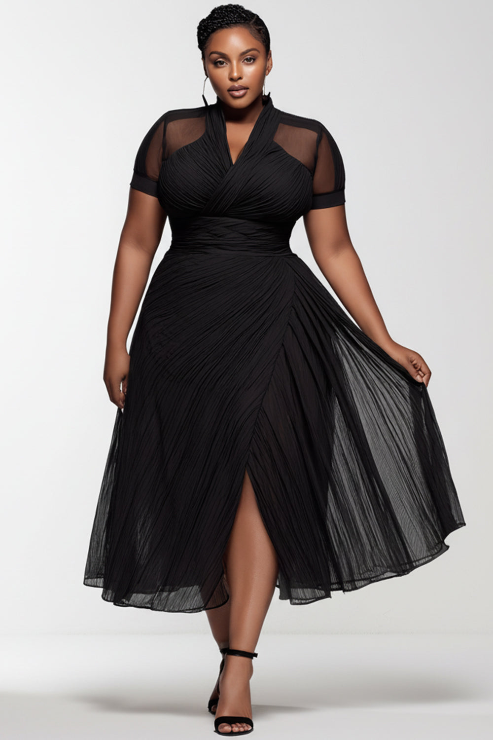 Party Black V Neck Short Sleeve See Through Pleated Chiffon Midi Dresses