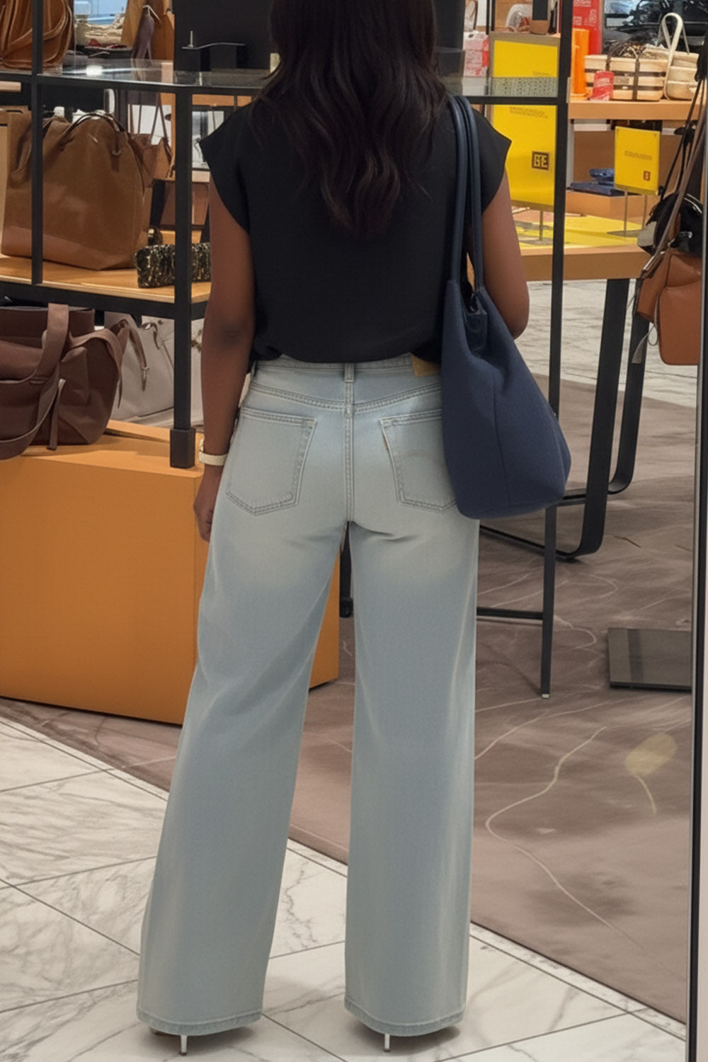 Plus Size Business Casual Blue Cut Out Casual Wide Leg Denim Jeans