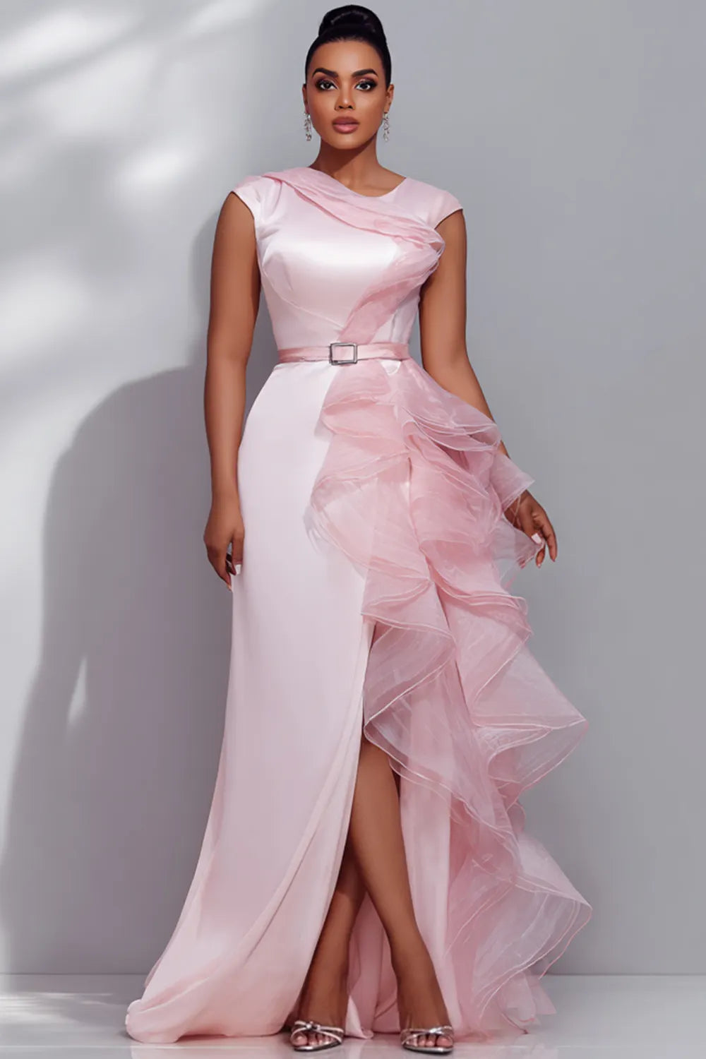 Organza Pink Round Neck Cap Sleeve Short Sleeve Ruffle Split Satin Maxi Dresses