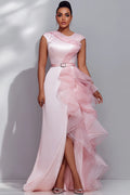 Organza Pink Round Neck Cap Sleeve Short Sleeve Ruffle Split Satin Maxi Dresses