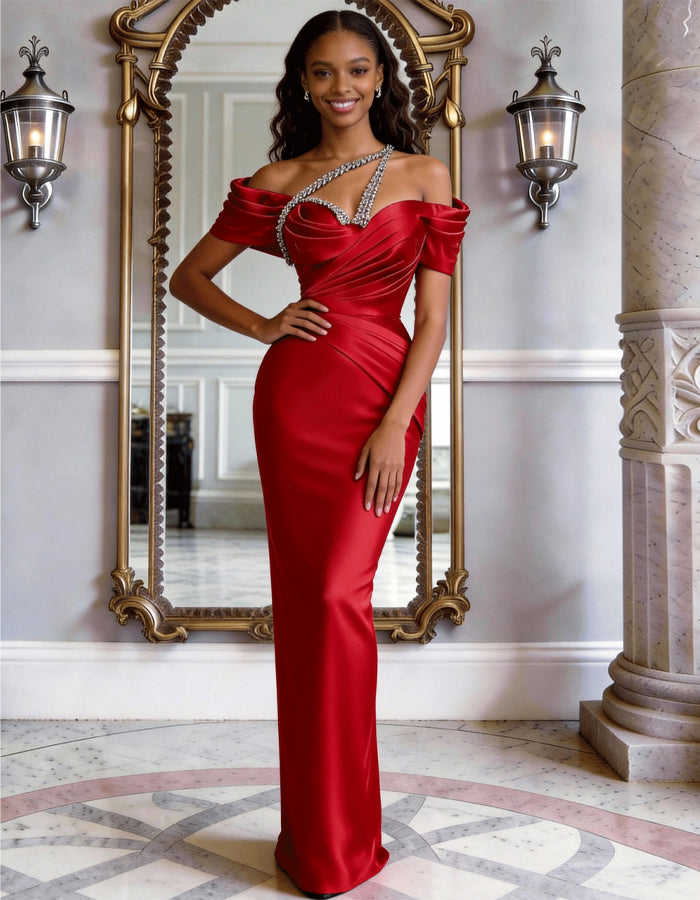 Solid Color Satin Off Shoulder Rhinestone Fishtail Maxi Dress