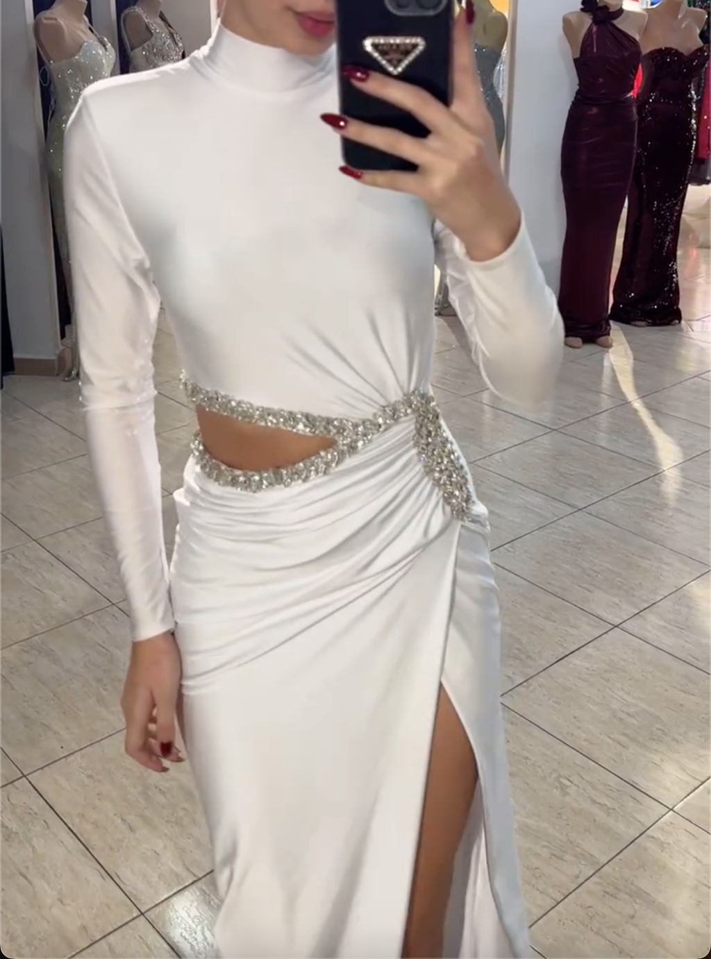 White Satin High-Neck Maxi Dress with Crystal Waist Cutout & High Thigh Slit