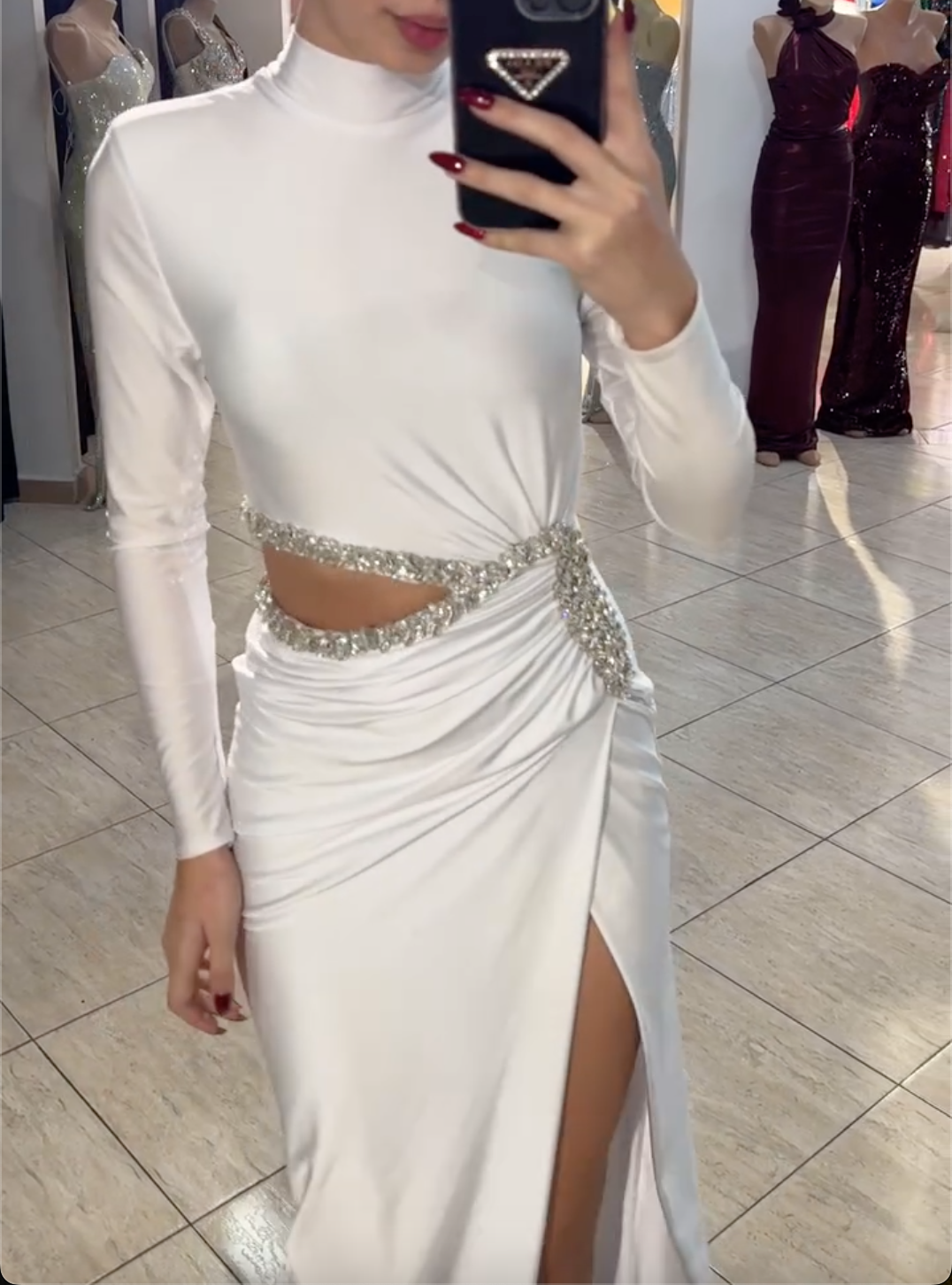 White Satin High-Neck Maxi Dress with Crystal Waist Cutout & High Thigh Slit