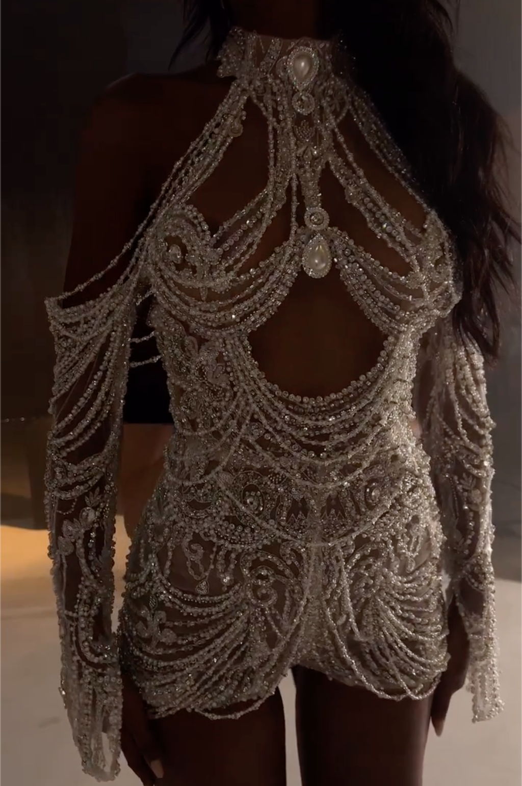 White Sheer Beaded Mini Dress with High Neck