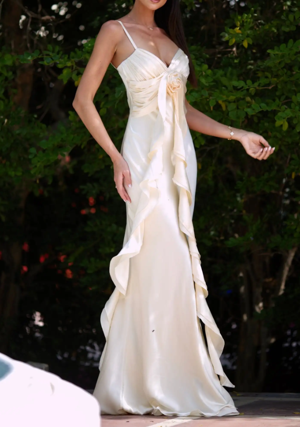 Ivory Satin Ruffled Mermaid Maxi Dress