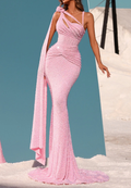 Pink Sequin Cutout Maxi Dress with Draped Scarf