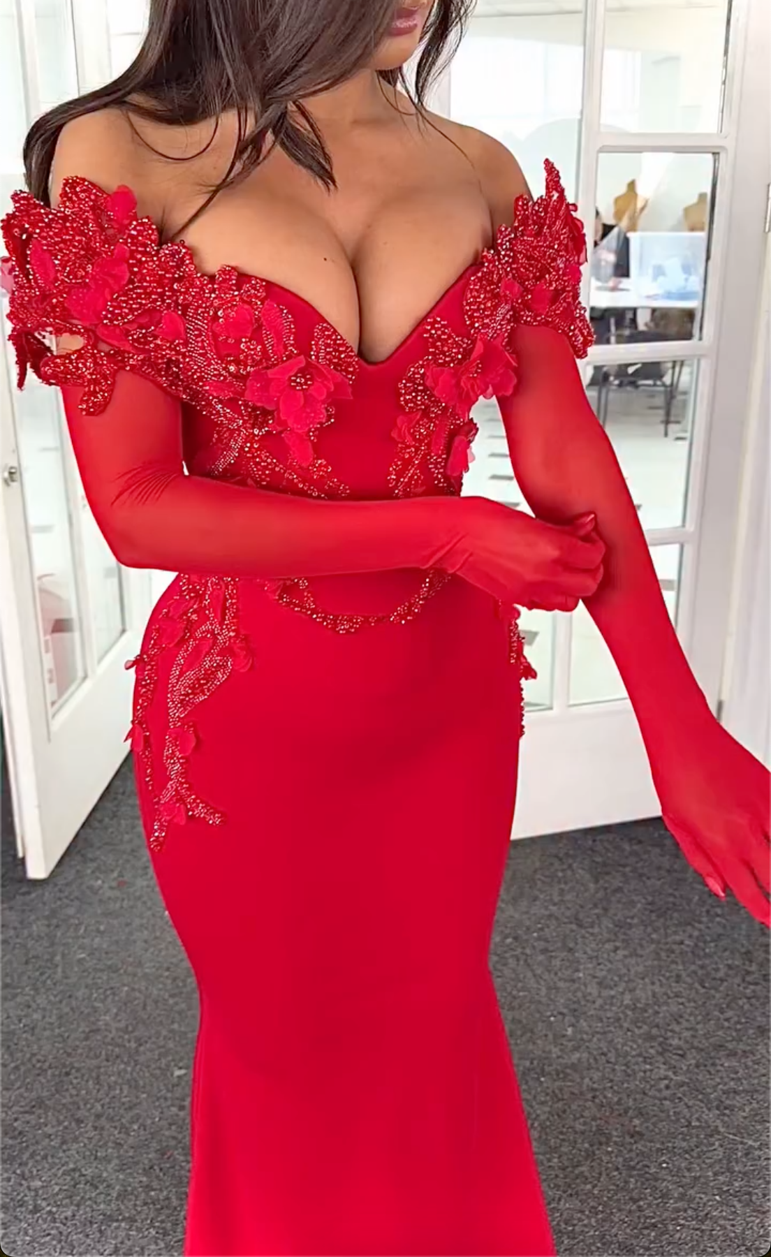 Luxury Red Embellished 3D Floral Off Shoulder Maxi Dress - Mermaid Formal Prom Gown With Gloves