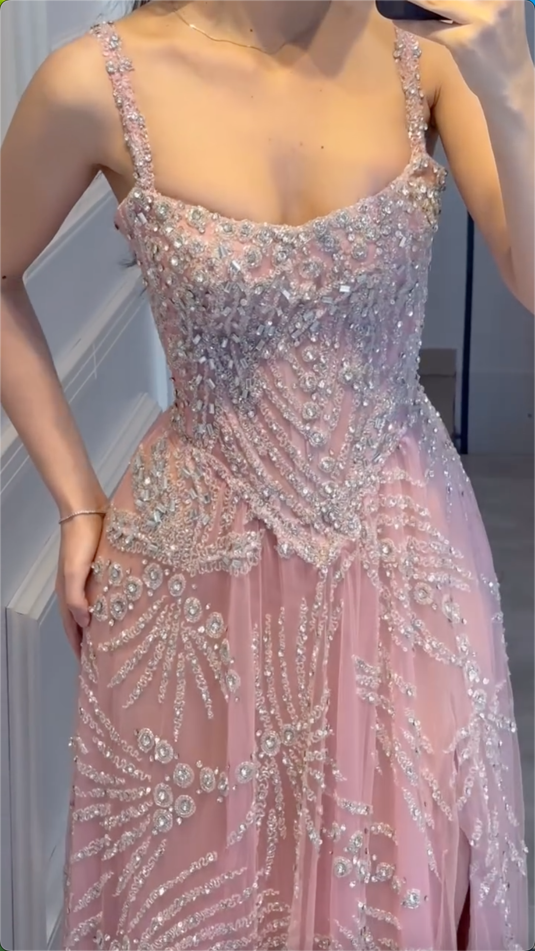 Multi-Color Floral Crystal Beaded Spaghetti Strap High Split Tulle Maxi Evening Dress, Formal Prom Pageant Gown