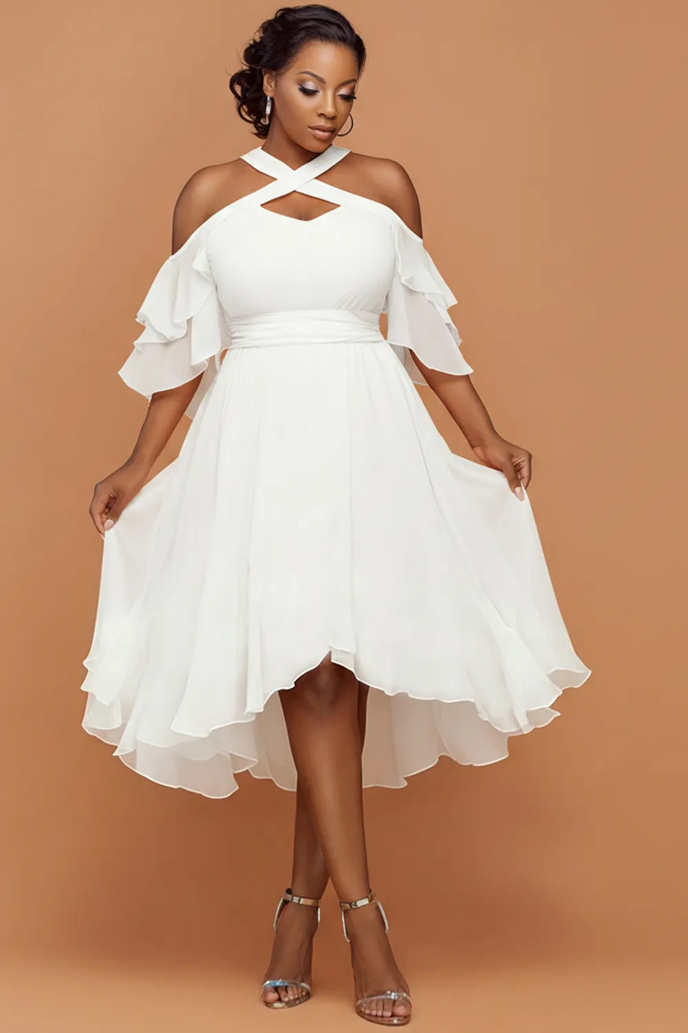 Vacation White Halter Collar Cold Shoulder Short Sleeve Cut Out Ruffle Chiffon Midi Dresses