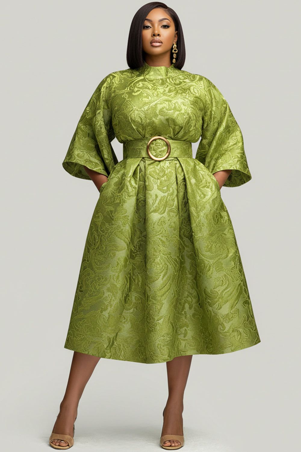 Wedding Guest Green Round Neck 3/4 Sleeve Pocket Midi Dresses