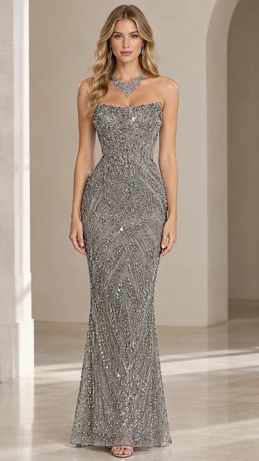 Strapless Beaded Sequin Mermaid Evening Gown