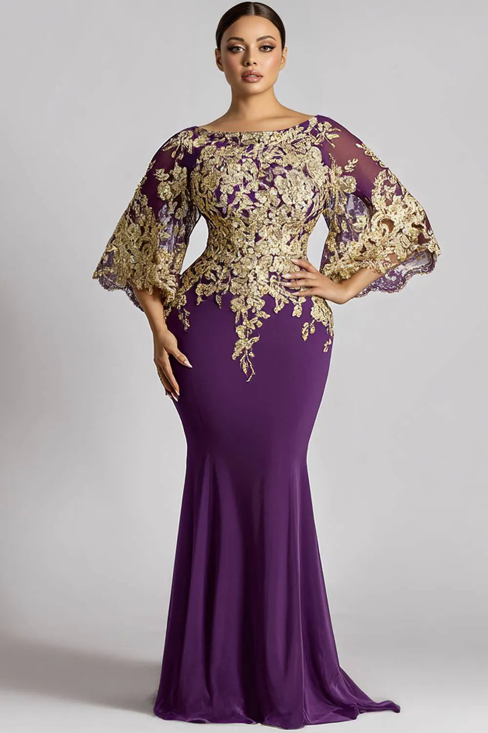 Chiffon Purple Round Neck 3/4 Sleeve Mermaid See Through Lace Maxi Dresses