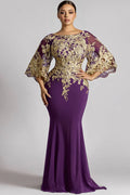 Chiffon Purple Round Neck 3/4 Sleeve Mermaid See Through Lace Maxi Dresses