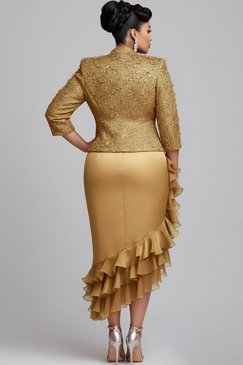 Churchs Gold 3/4 Sleeve Ruffle Elegant 3D Two Piece Dress Set