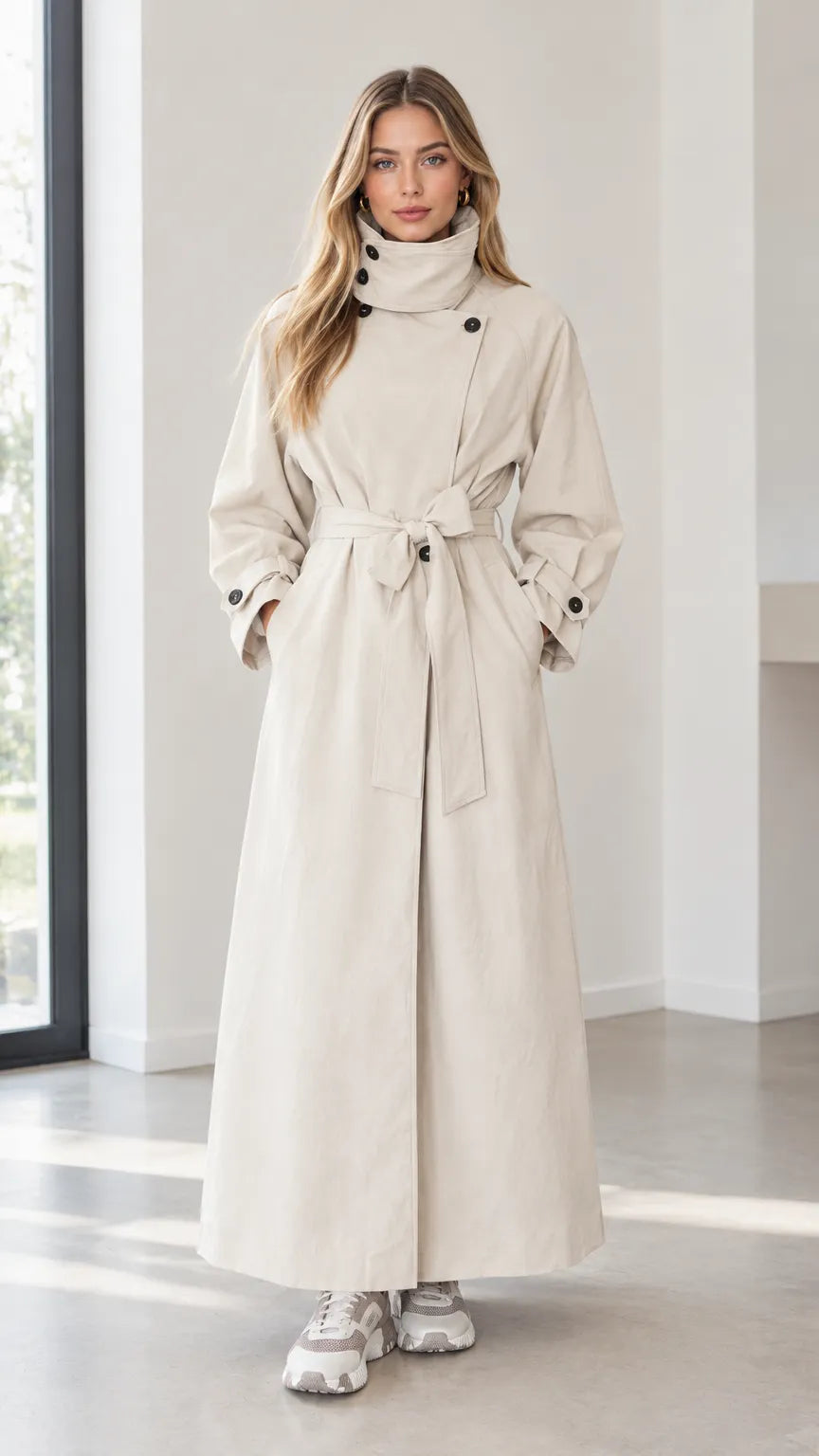 Women's High Neck Belted Maxi Trench Coat with Storm Flap