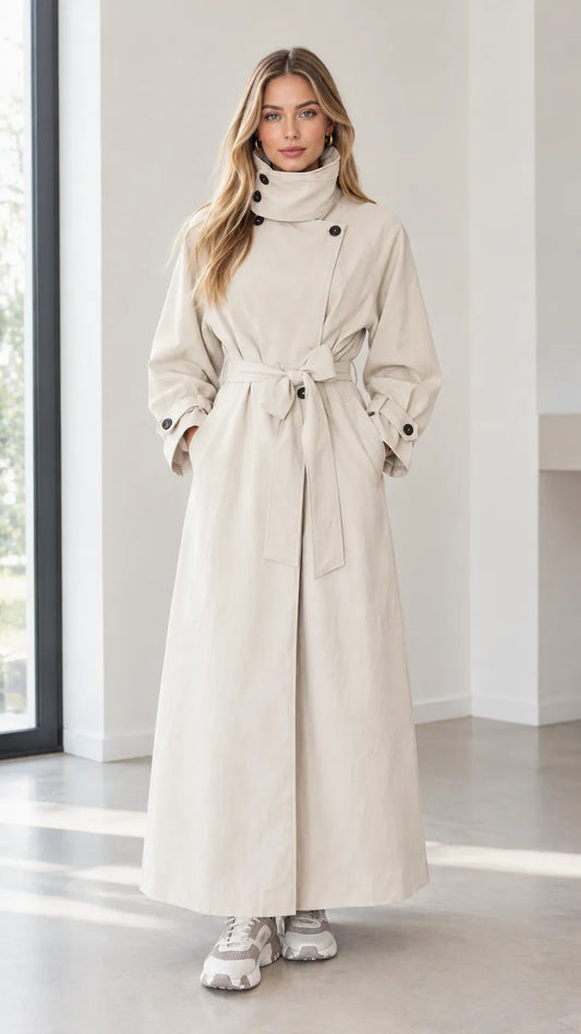 Women's High Neck Belted Maxi Trench Coat with Storm Flap