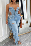 Womens Strappy Patchwork Sexy Casual Denim Jumpsuit
