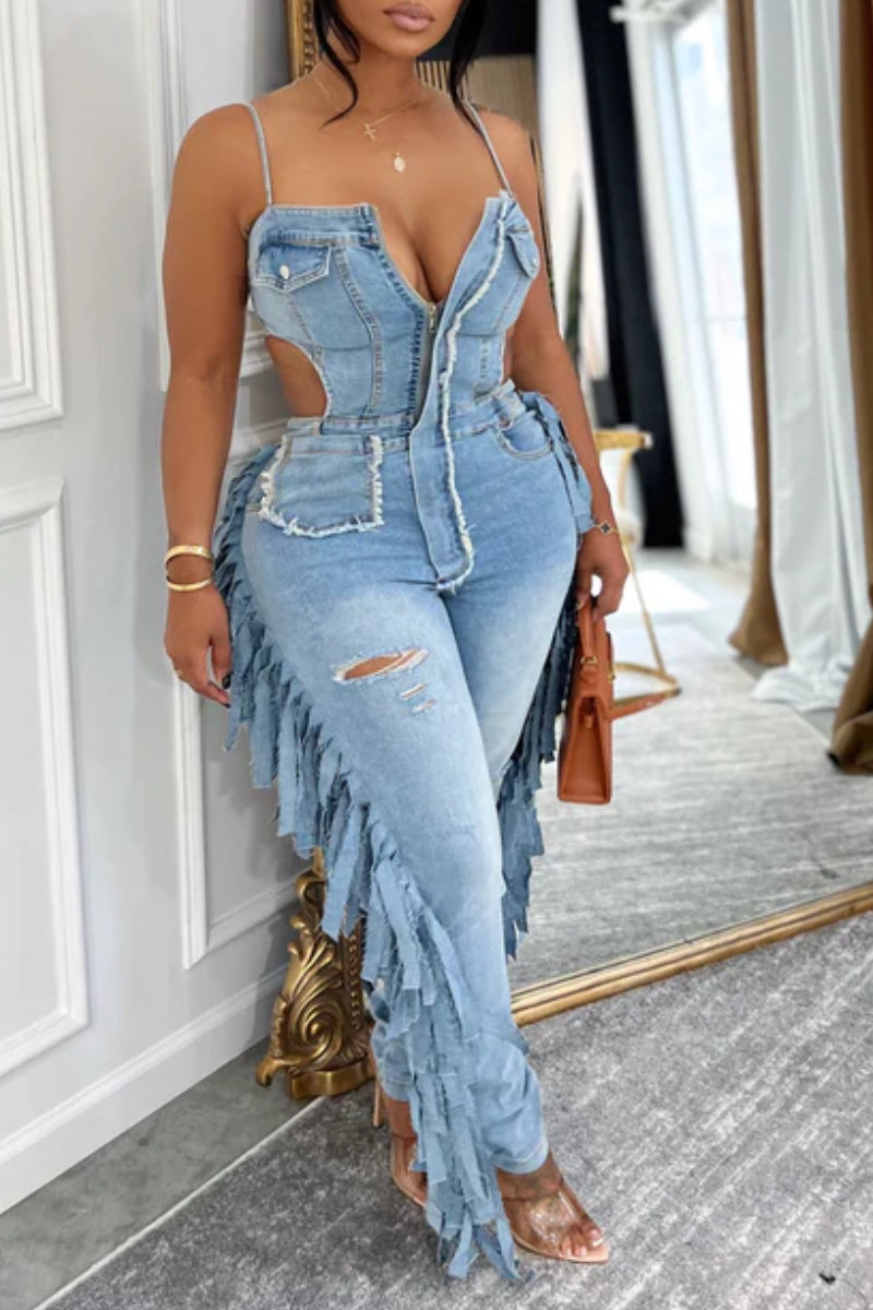 Womens Strappy Patchwork Sexy Casual Denim Jumpsuit
