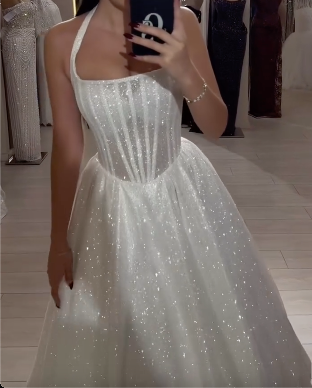Ivory/Champagne Glitter Tulle Midi Dress with Square Neck & Corset Bodice