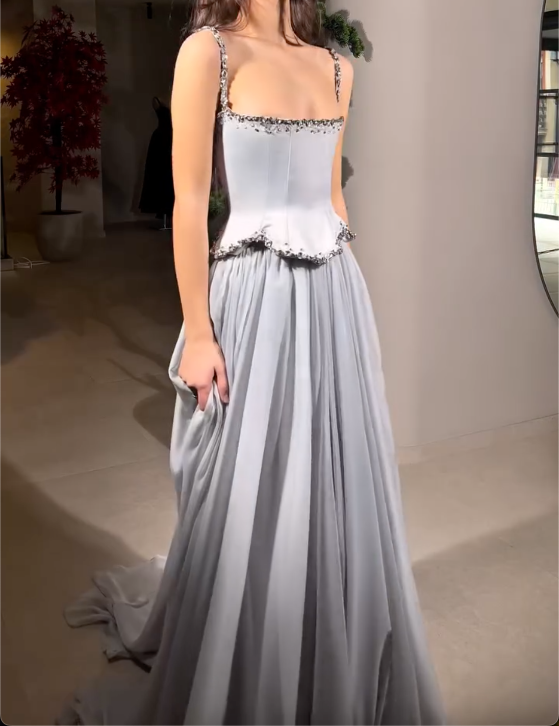 Silver Gray Spaghetti Strap Maxi Dress with Beaded Trim & Peplum Bodice