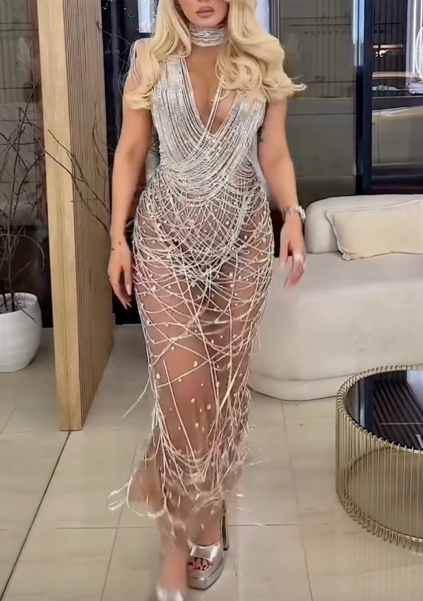 Silver Chainmail Plunge V-Neck Sheer Midi Dress