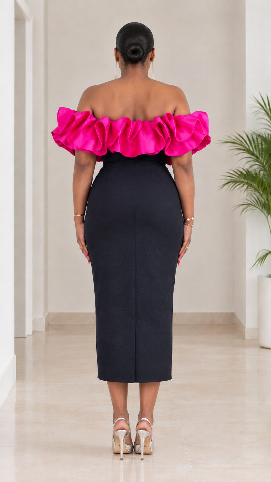 Off-The-Shoulder Ruffle Midi Dress with Satin Accent