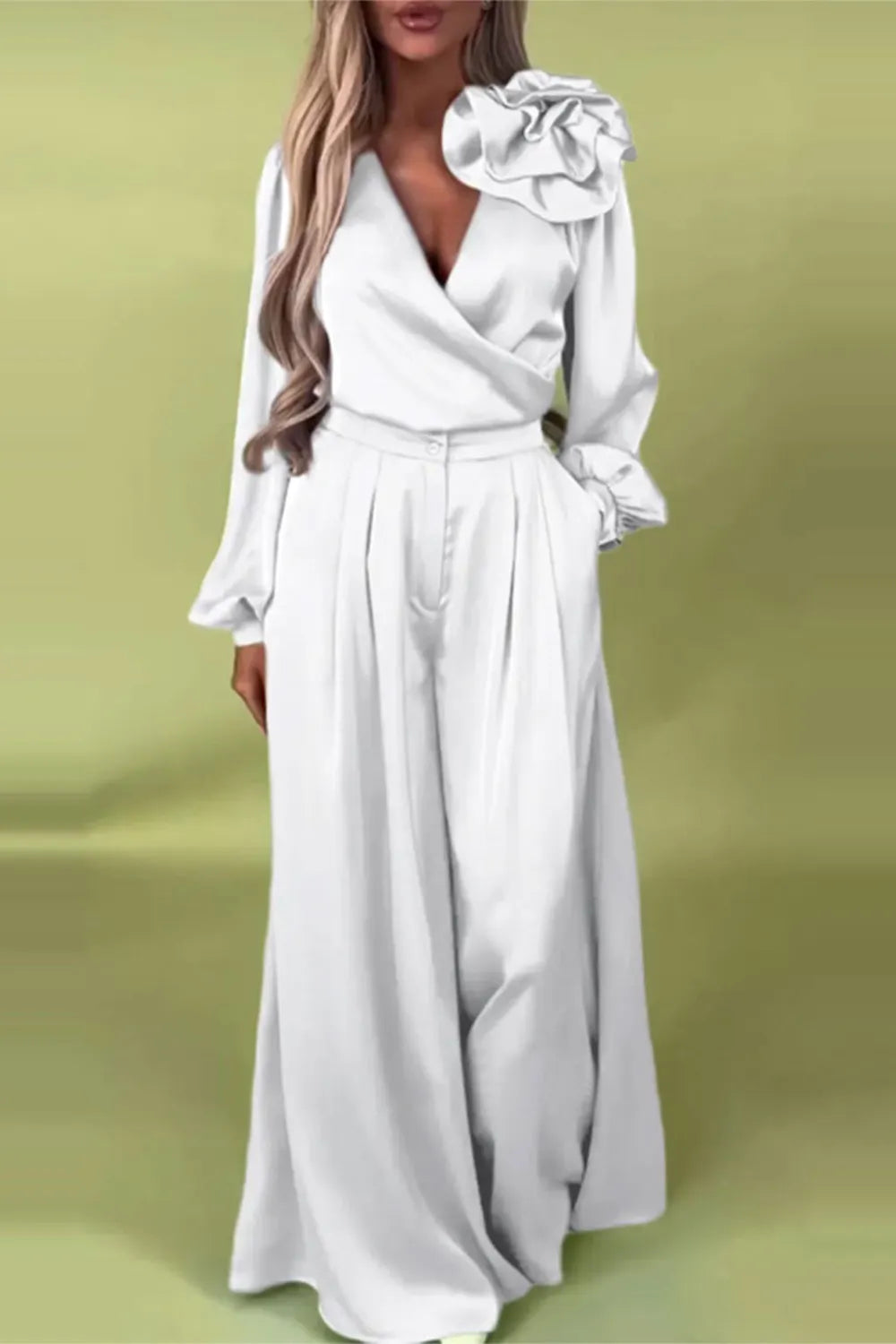 Plus Size Business Casual Blue Wrap Neck Lantern Sleeve Long Sleeve 3D Elegant Pocket Satin Two Piece Pant Sets