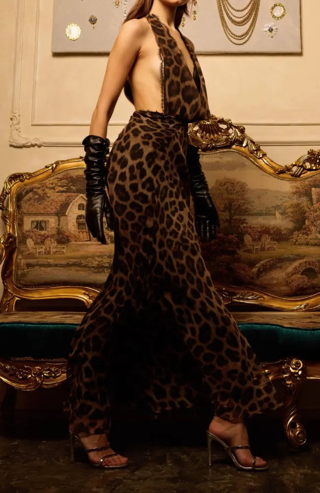 Leopard Print Halter Backless Maxi Dress