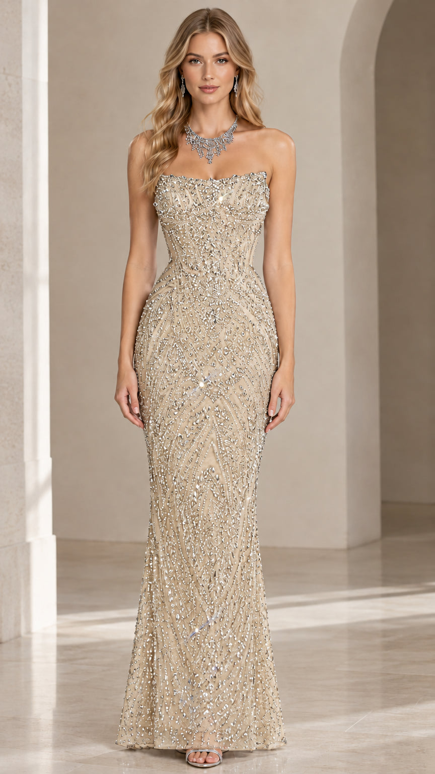 Strapless Beaded Sequin Mermaid Evening Gown