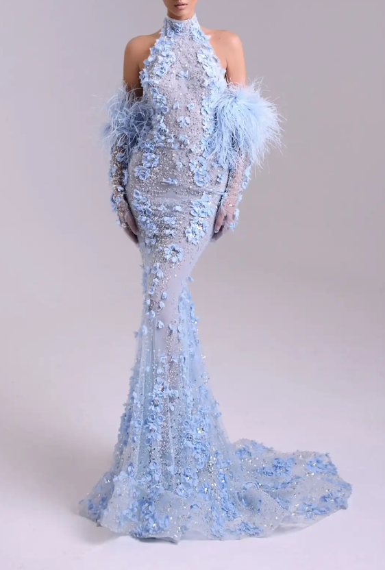 Baby Blue 3D Floral Halter Mermaid Maxi Dress with Feather Detail & Train