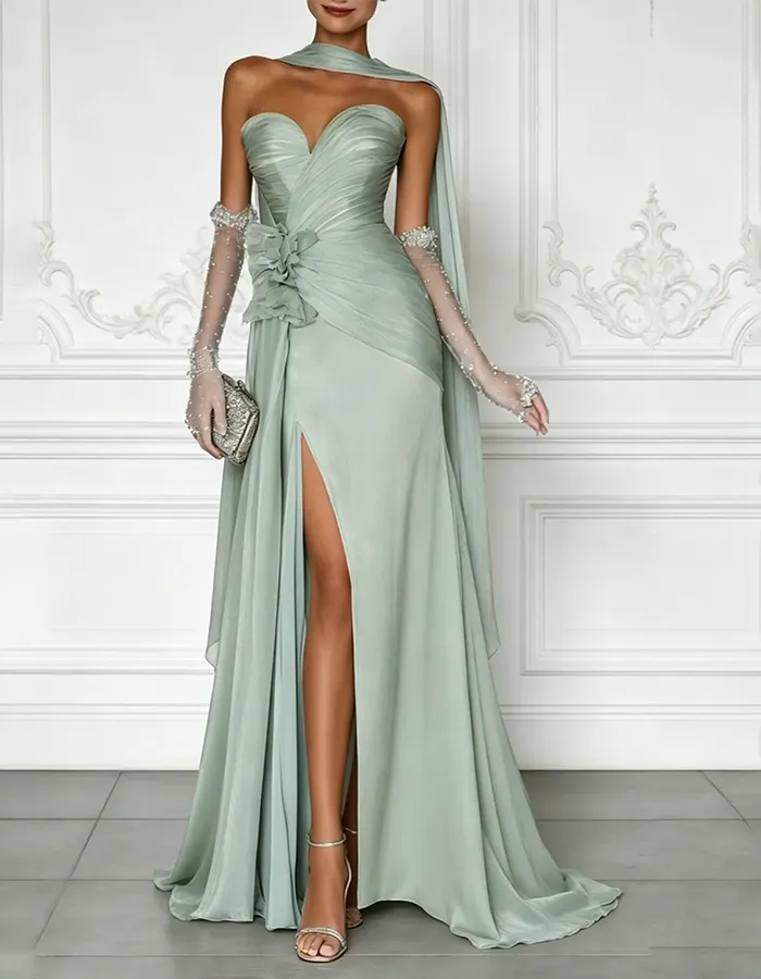 Sage Green Strapless Chiffon Draped Shawl Maxi Dress