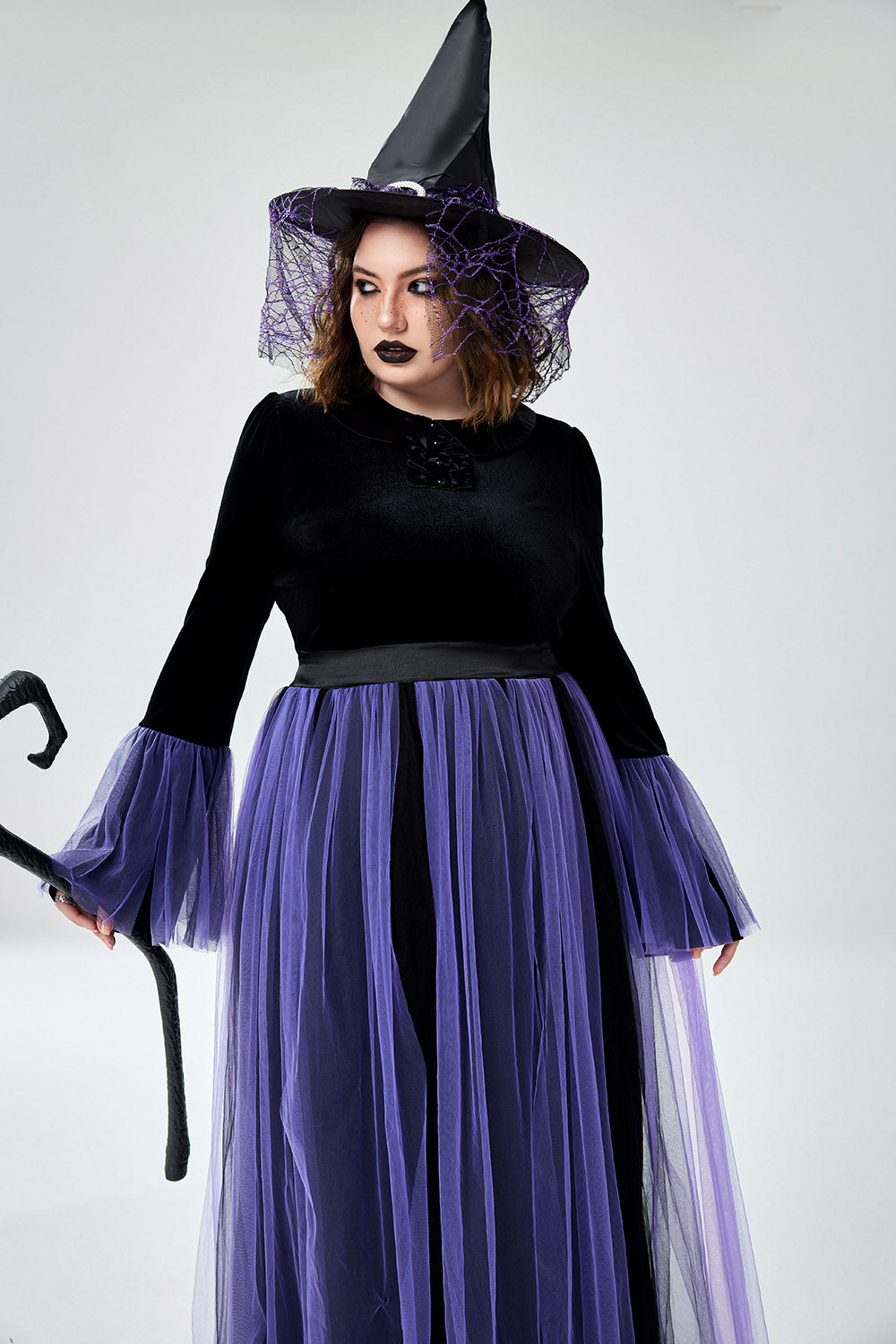 Halloween Costume Purple Cosplay Witches Overlay Mesh Maxi Dress (Without Hat And Cane)(Ships 24h)