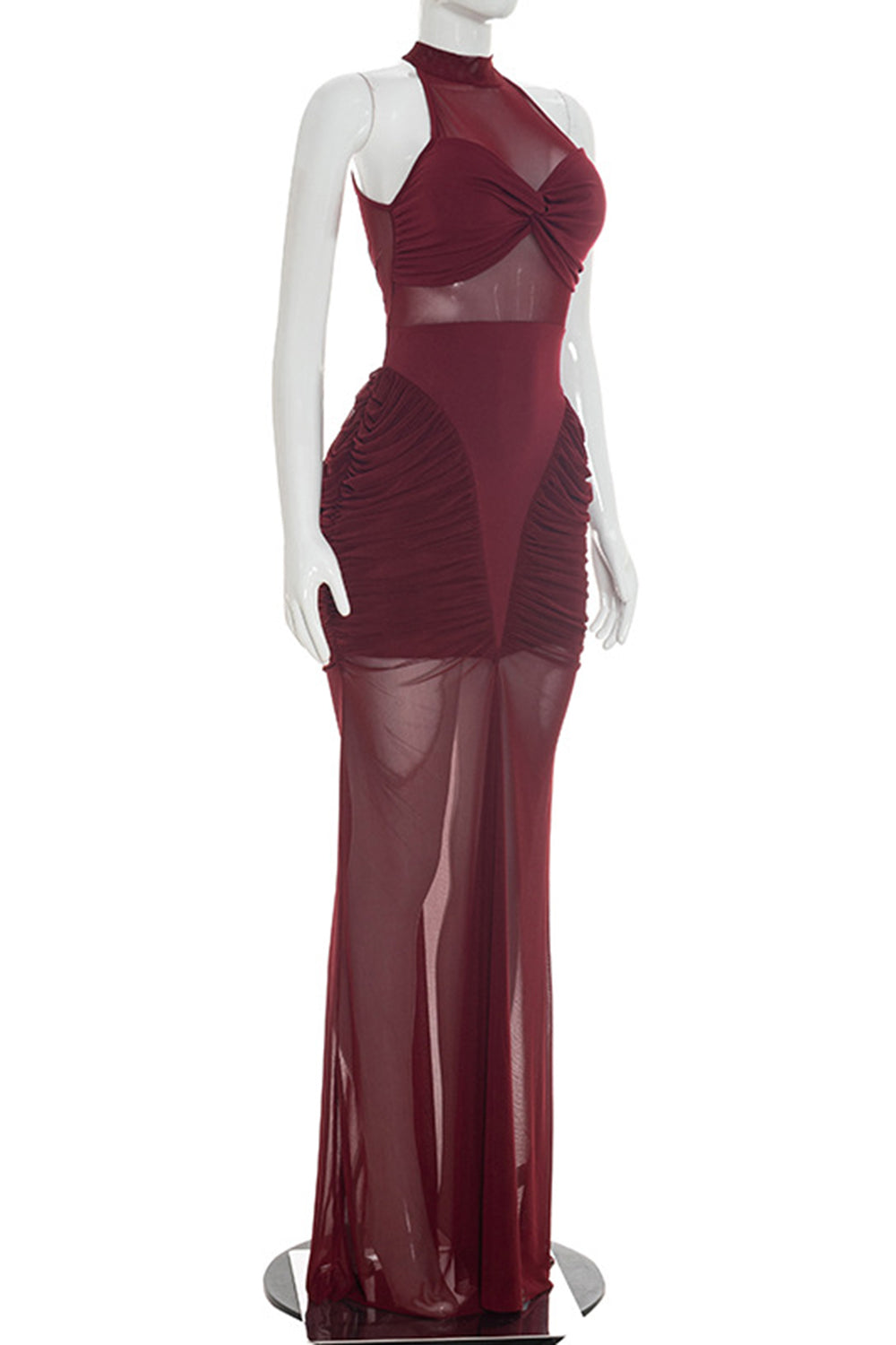 See Through Mesh Sleeveless Side Ruched Solid Color Maxi Dresses-Burgundy