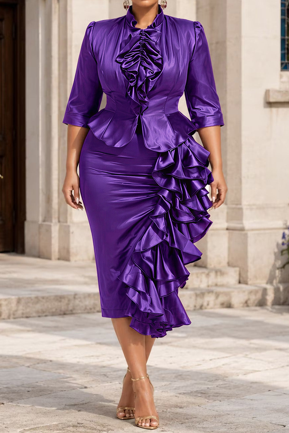 Wedding Guest Purple Mock Neck Half Sleeve Ruffle Split Satin Two Piece Skirt Sets [Pre-Order]